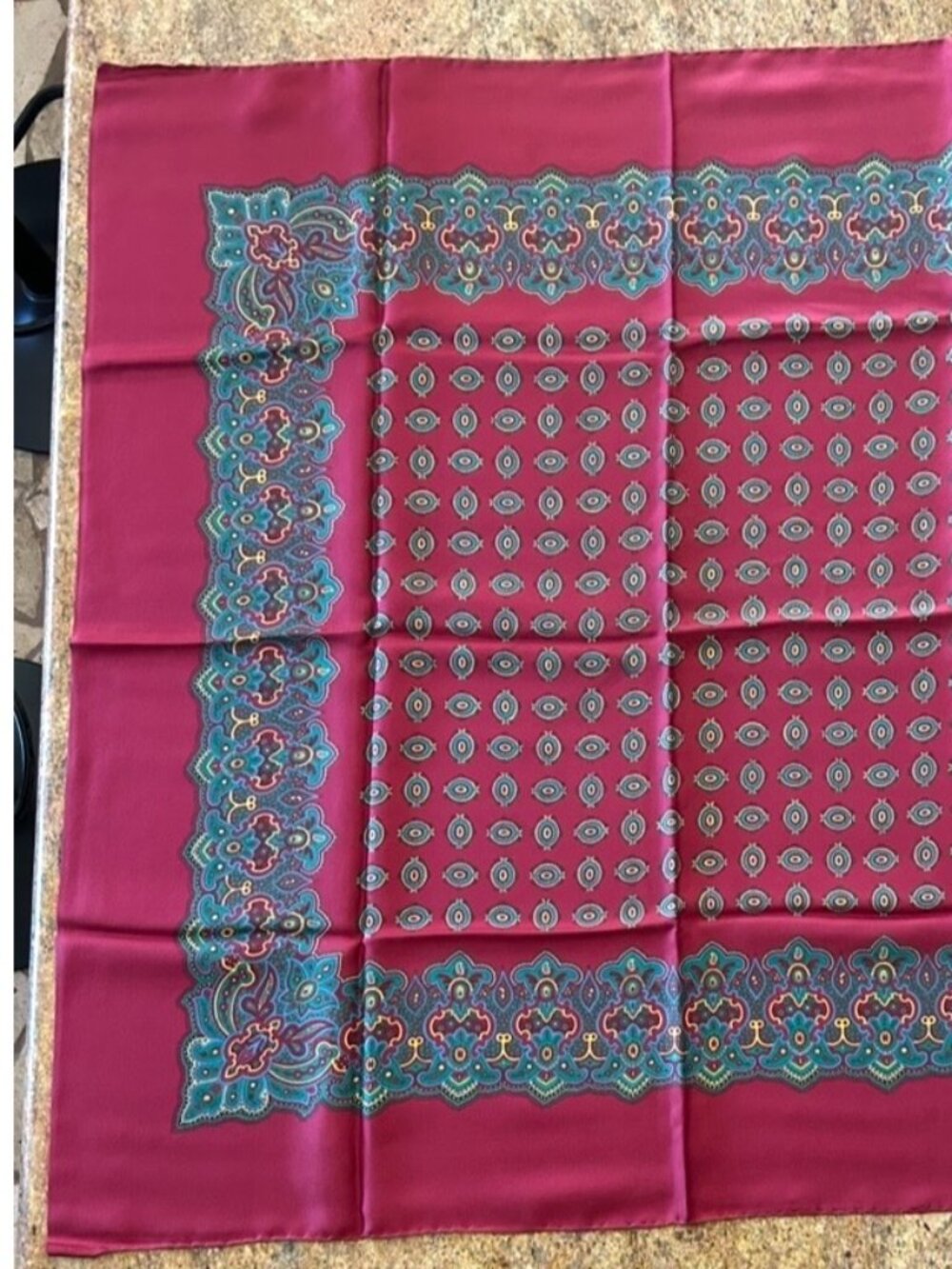 Vintage Red and Green with Yellow and Blue Highlights Scarf  ~34" x 34"